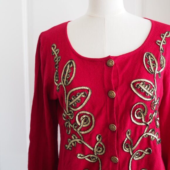 Vintage Grannycore Y2K Christmas Red Gold Detail Sweater Once Again Sz Medium - Picture 4 of 14